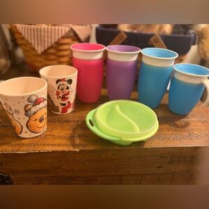 Toddler cups and bowl, 4 sippy cups, 2 Xmas cups & 1 bowl w/lid gently used